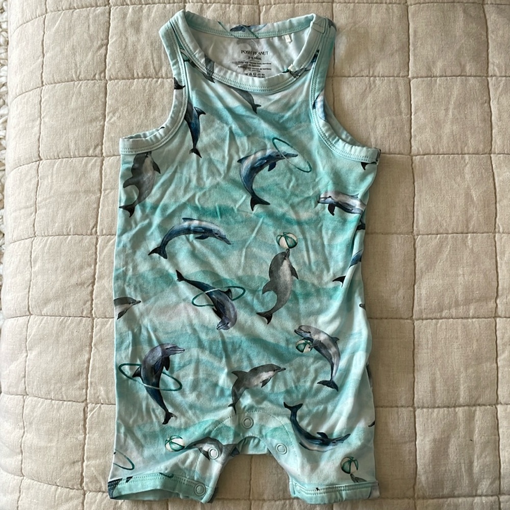 Bamboo sleeveless tank button romper shorts in dolphin print